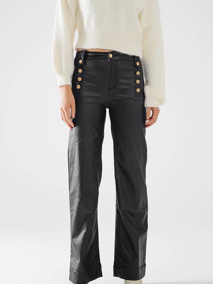 Svart Svart byxa i konstläder med knappar för wholesale på Faire