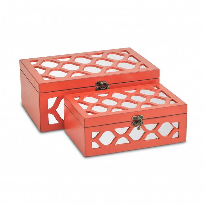 Set of Coral Quatrefoil Mirror Jewelry Storage Boxes for wholesale by HomeRoots