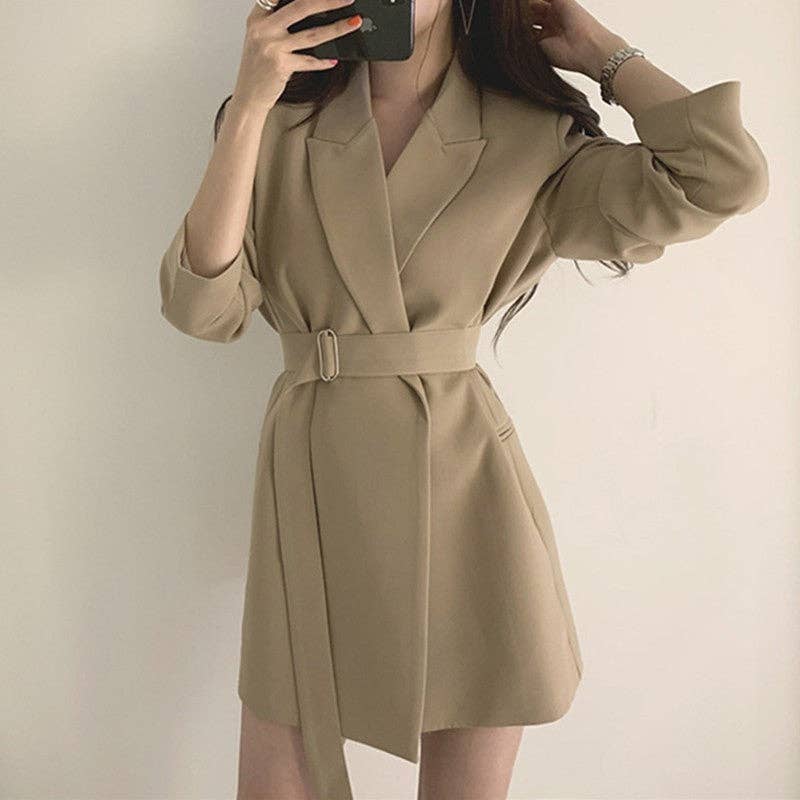 Plush Looks - Wholesale Coat - Women's - Solid Color Mid-Length Belted Blazer Coat3