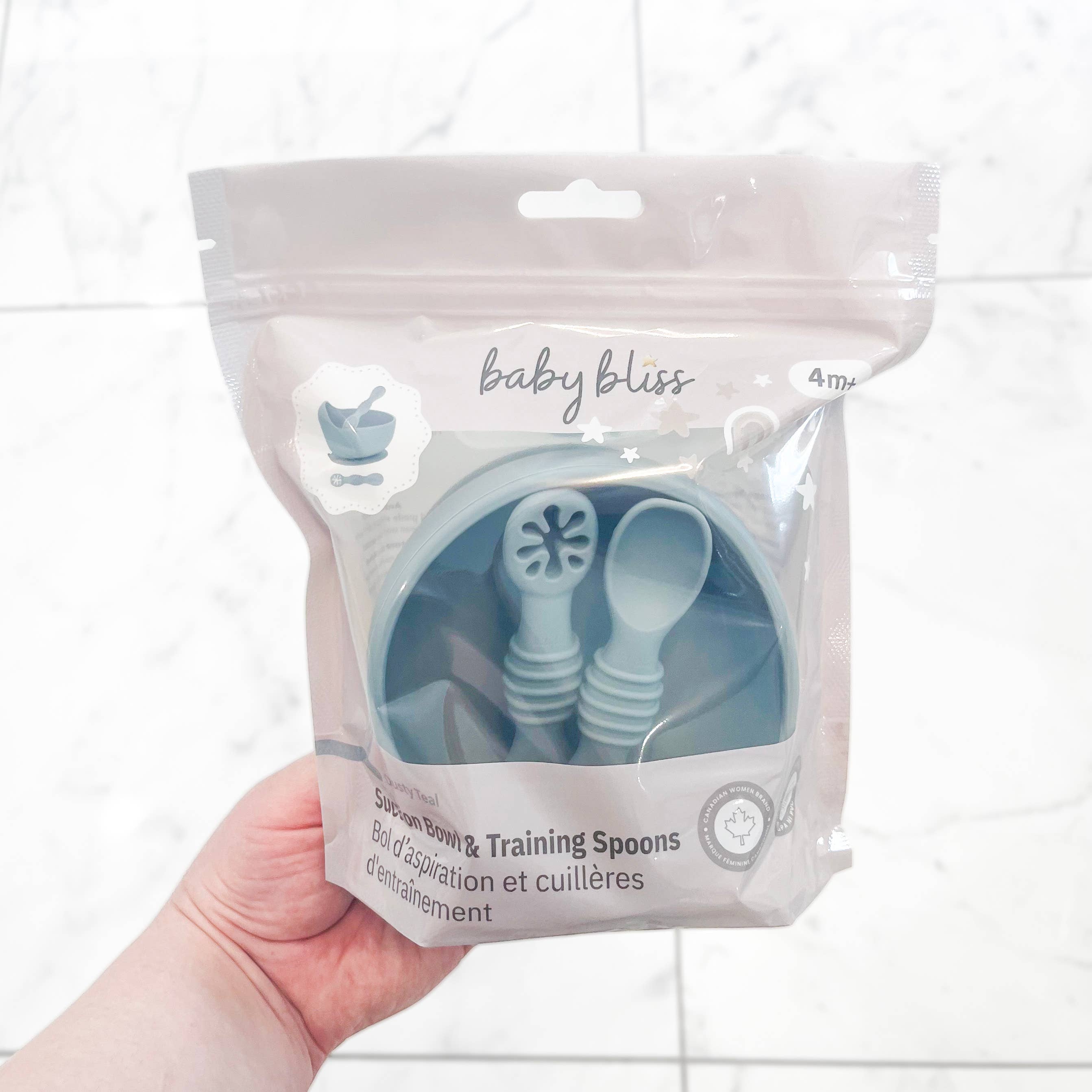 Suction Bowl & Training Spoons - Dusty Teal for wholesale on Faire