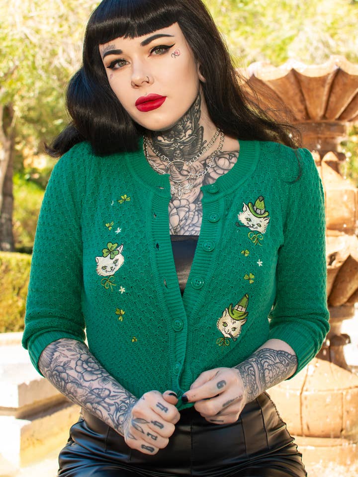 Mischief Made - Wholesale Cardigan - Women's - Paddy Cats Cropped Cardigan in Green6