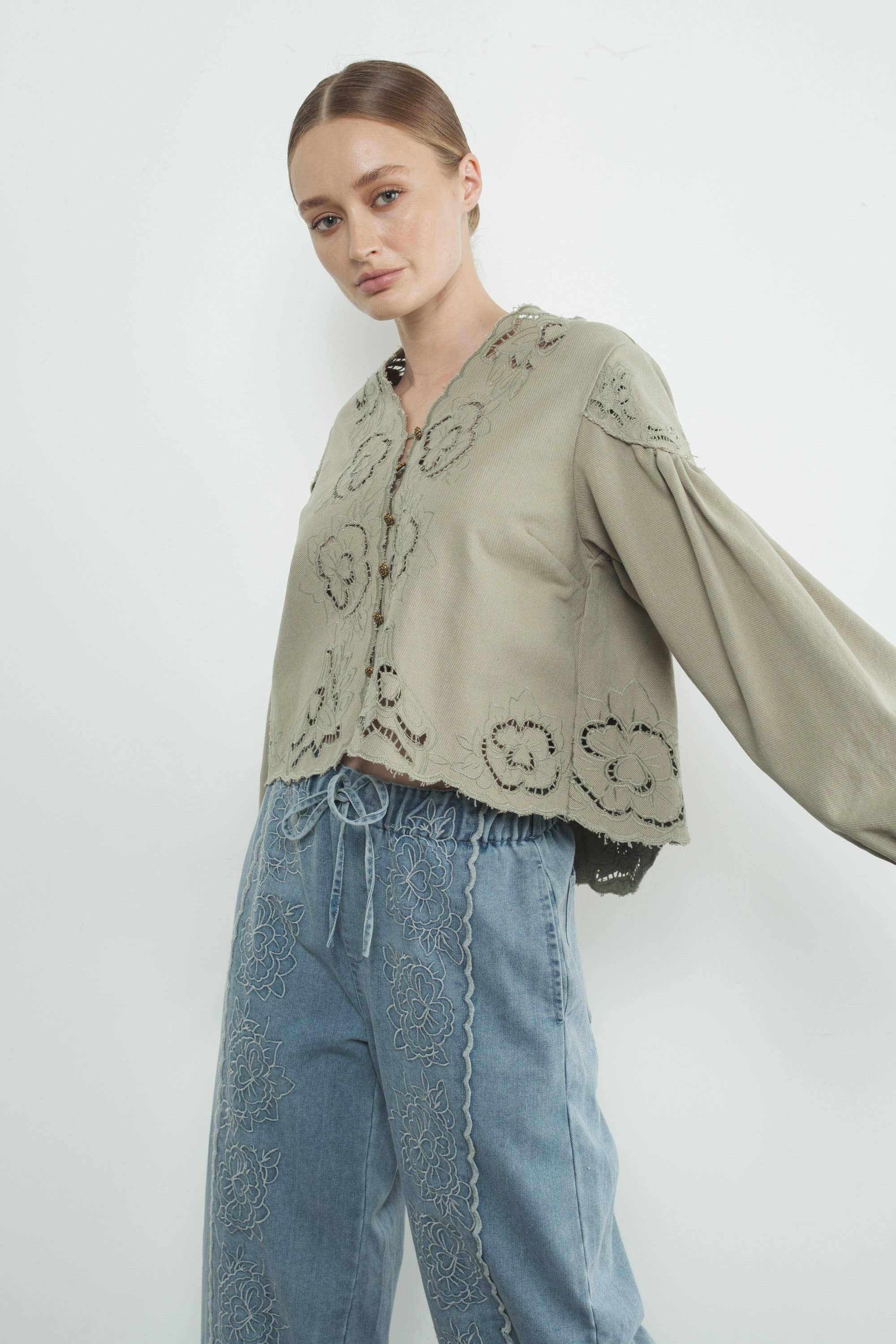 Aaron & Amber - Wholesale Blouse - Women's - MAT2892 DENIM EMBROIDERY VOLUME SLEEVE BLOUSE TOP13