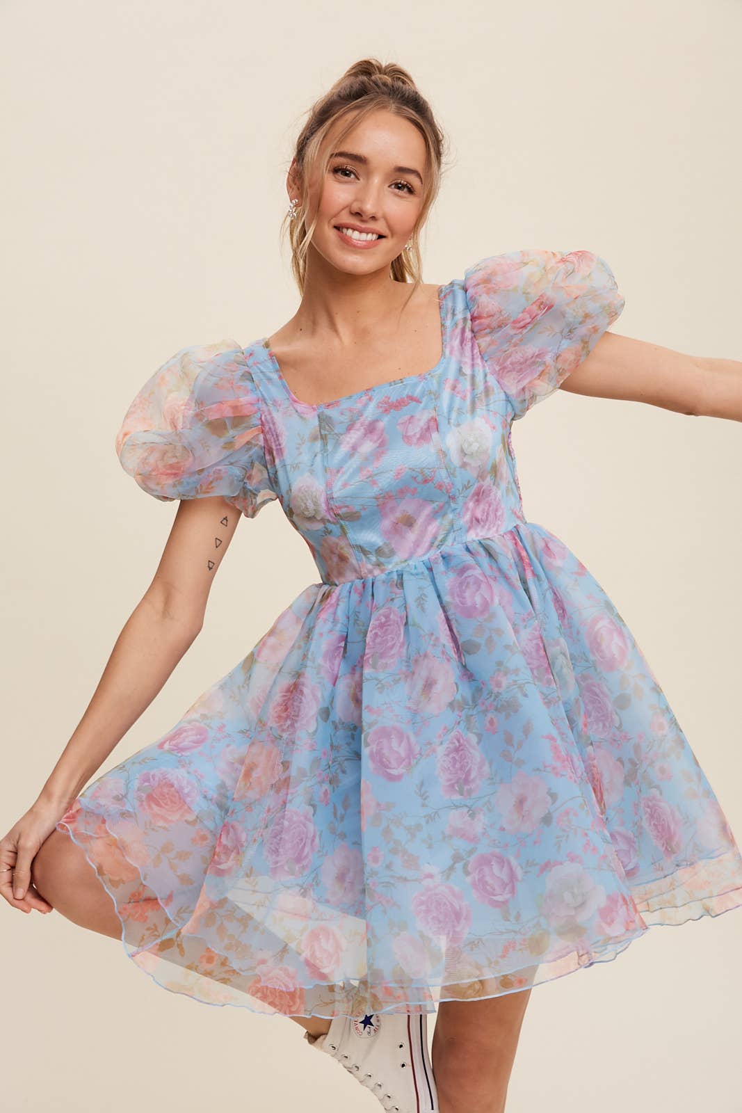 Listicle - Wholesale Dress - Women's - Floral Puff Sleeve Organza Mini Dress1
