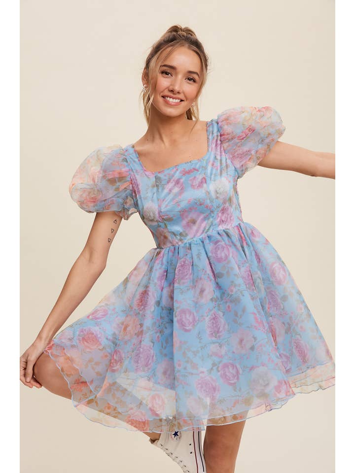 Listicle - Wholesale Dress - Women's - Floral Puff Sleeve Organza Mini Dress1