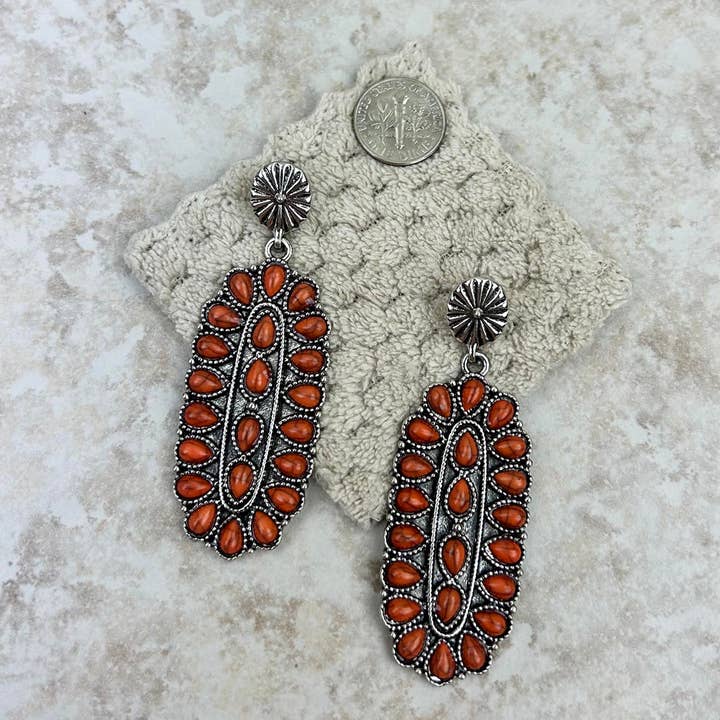 ER211230-02-ORANGE Ovaler Concho-Ohrring aus Silber mit orangen Steinen für den Großhandel von Western Elite Jewelry