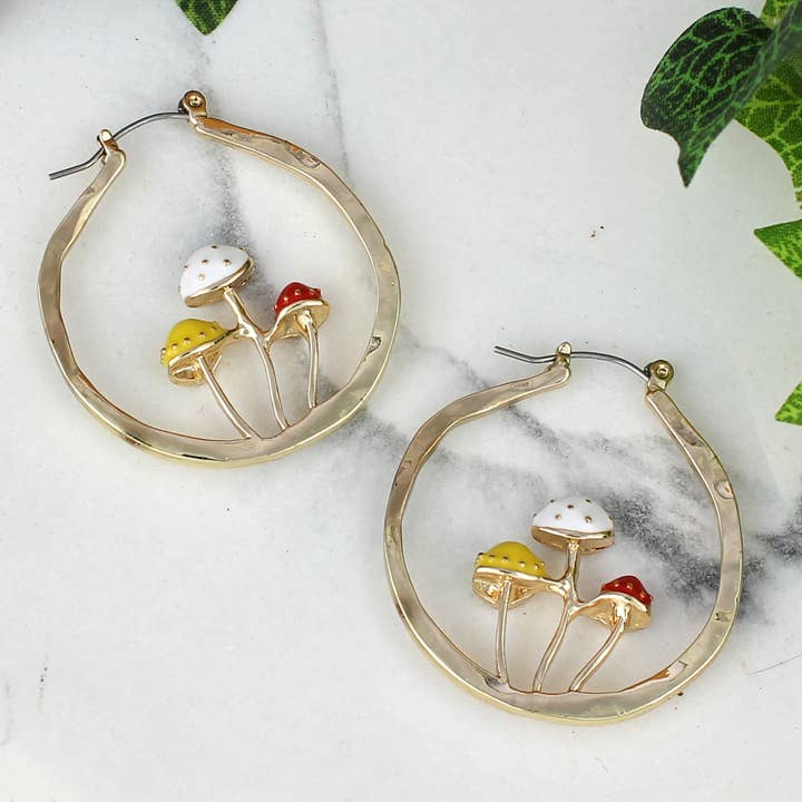 ZAD - Wholesale Hoop Earrings - Mushroom Party Gold Hoop Earrings