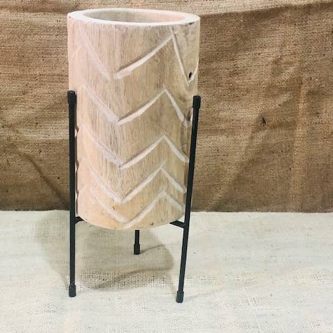 RUSTIC WOOD PLANT POT AND STAND, ARROW GROVE PATTERN for wholesale by Midwest Craft House