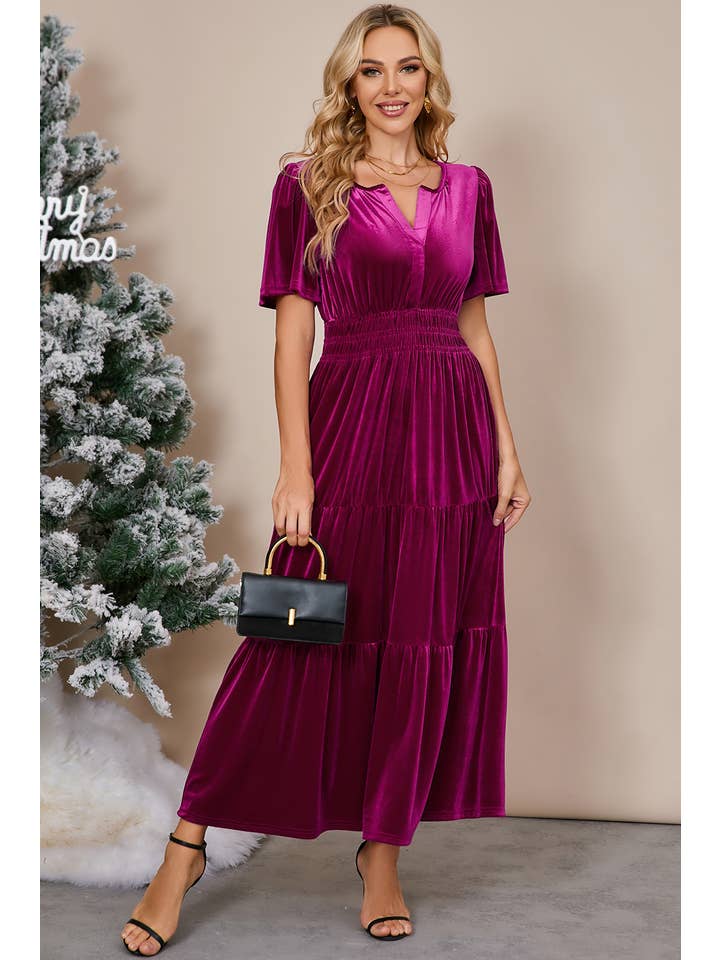 Aapparella - Wholesale Dress - Women's - Chic Velvet Shirred Waist Tiered Fall Maxi Dress | S-XL