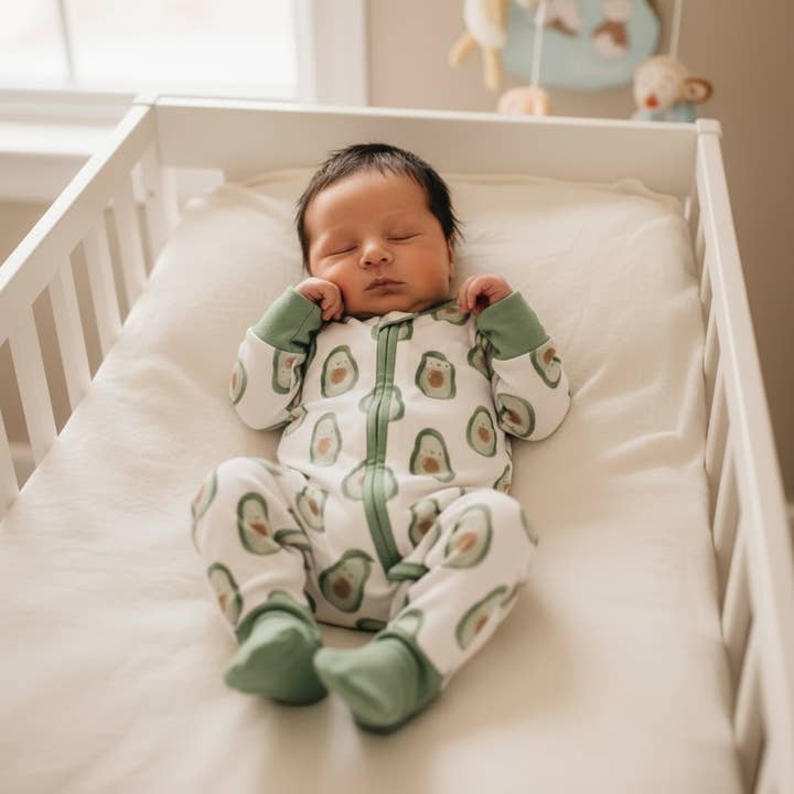 Combinaison à fermeture éclair en bambou et avocat pour la vente par Tiny toes Baby Co