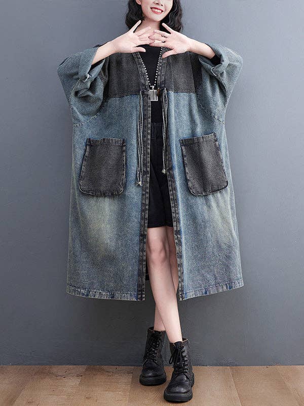 BLUE Artistic Retro Denim Long Sleeves Loose Tied Split-Joint Trench Outerwear for wholesale on Faire2