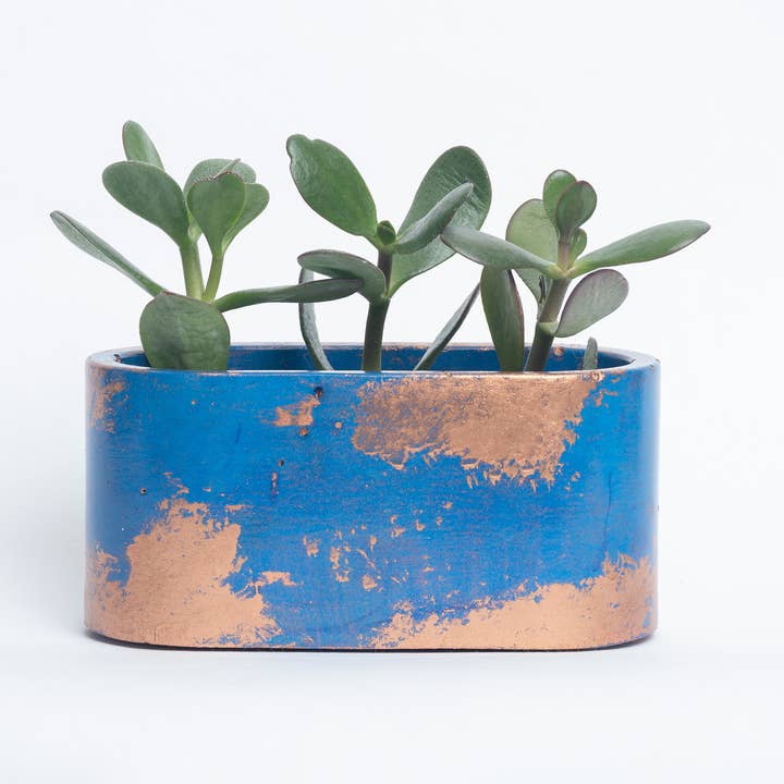 Patinated Concrete Mini Planter - Blue and Copper for wholesale by Junny