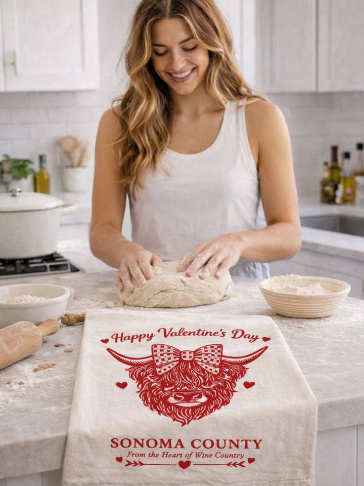 Happy Valentine's Day Sonoma County Highland Cow Tea Towel- Organic Flour Sack 27" x 27" for wholesale by Luma Vintage