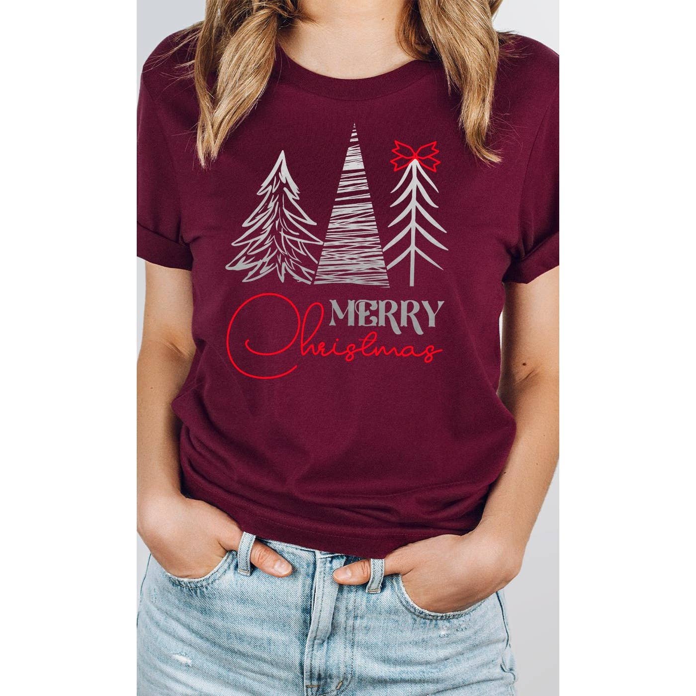 Kissed Apparel - Wholesale Screen Printed T-Shirt - Women's - Merry Christmas, Silver Pine Trees, Red Bow, Holiday Tee5