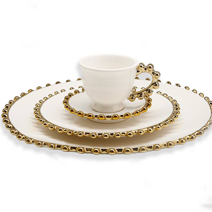 CLASSIC TOUCH DECOR INC. - Wholesale Dinnerware Set - 5 Piece White Dinner Set Gold Beaded Border