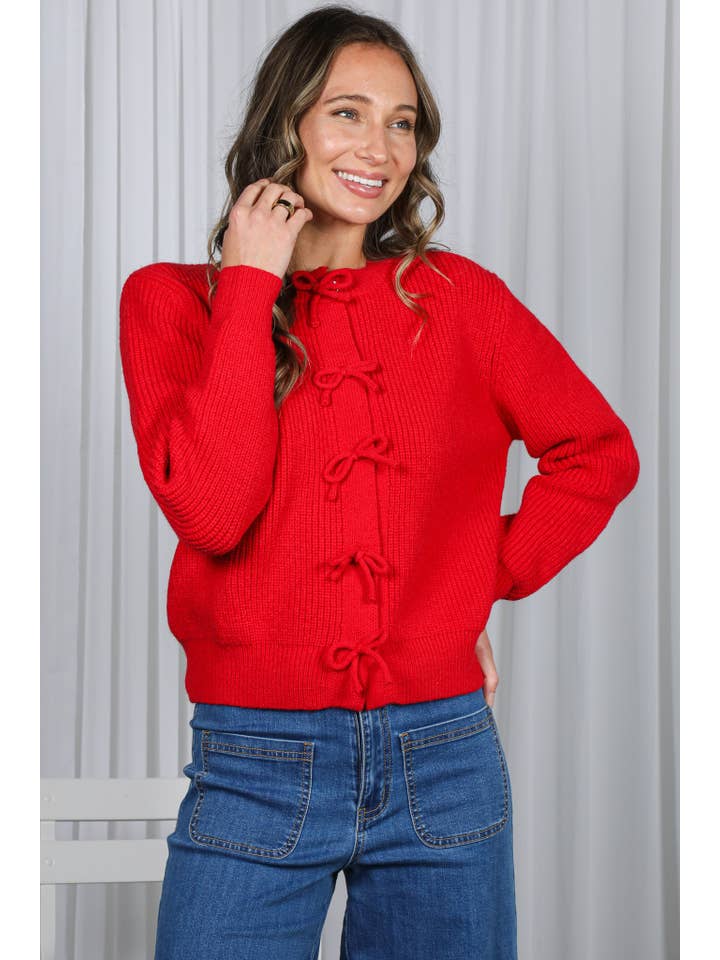 Vine & Love - Wholesale Knit Sweater - Women's - Bow Snap Button Detail Long Sleeve Cardigan Sweater VT8281518