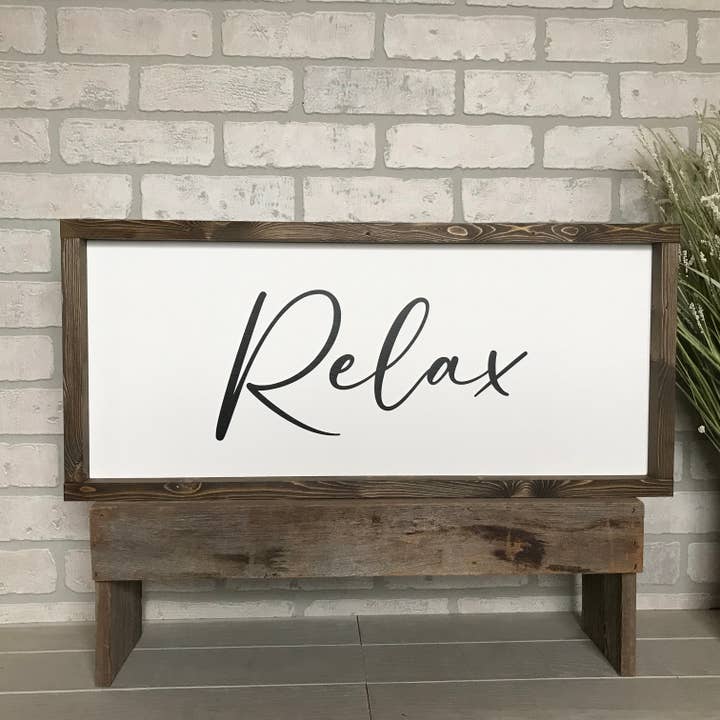 Relax Handmade Framed Wood Farmhouse Sign for wholesale by Mindy's Gazebo