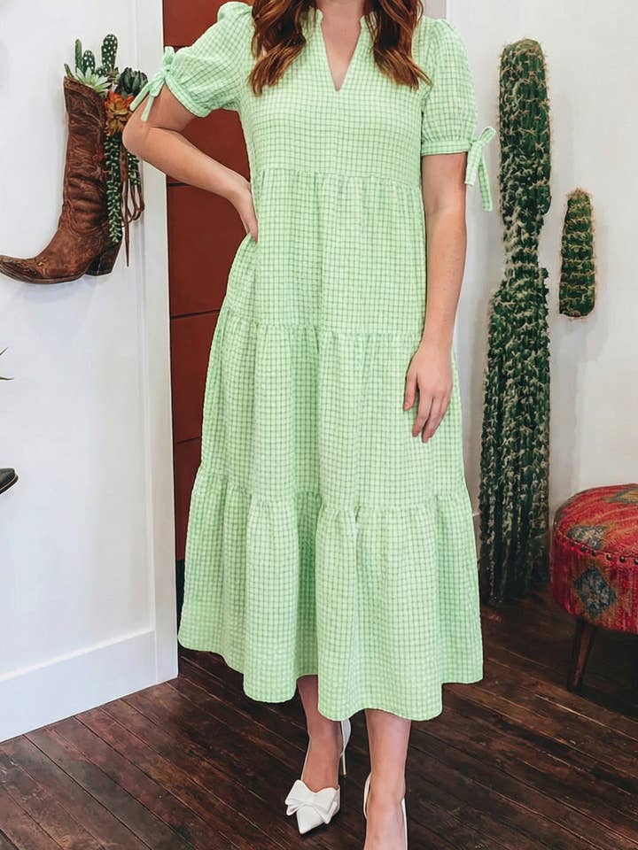 2026 Gingham Textured Bow Tie Short Sleeve Tiered Midi Dress for wholesale by fashionworks