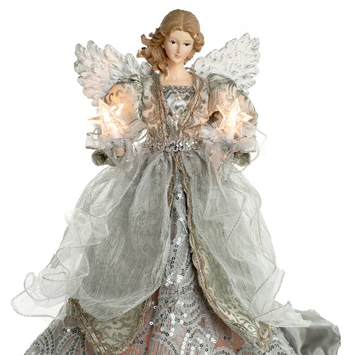 Starlight Collection - Wholesale Tree Topper - Silver 10-Light Angel Tree topper with Wings