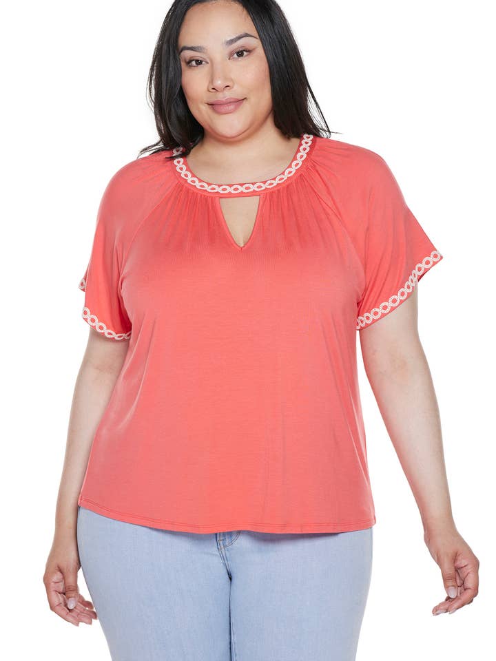 Plus Size Crochet-Trim Short Sleeve Knit Top for wholesale by Belldini
