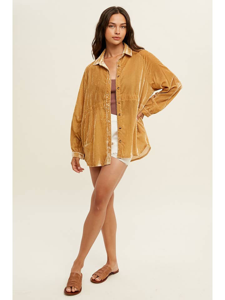 Wishlist Apparel - Wholesale Button Down Shirt - Women's - OVERSIZED CRUSHED VELVET SHIRT WITH SIDE POCKETS / WL22-6766