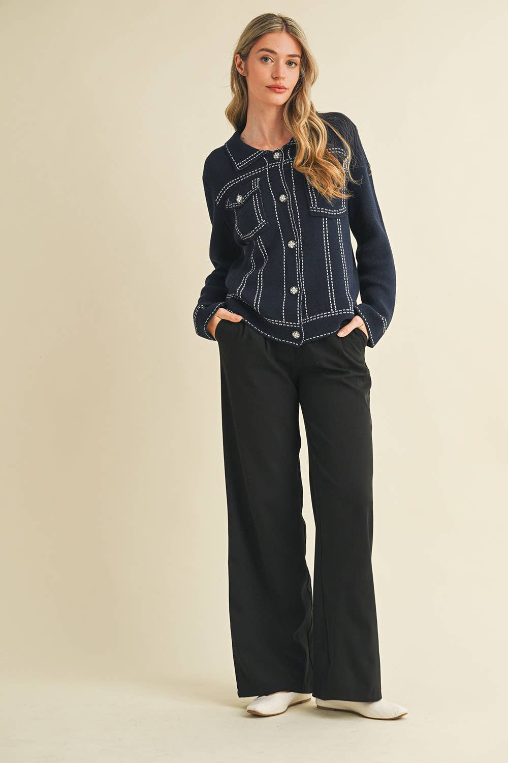 &MERCI - Wholesale Jacket - Women's - DENIM EFFECT KNIT SWEATER JACKET MSW1113018