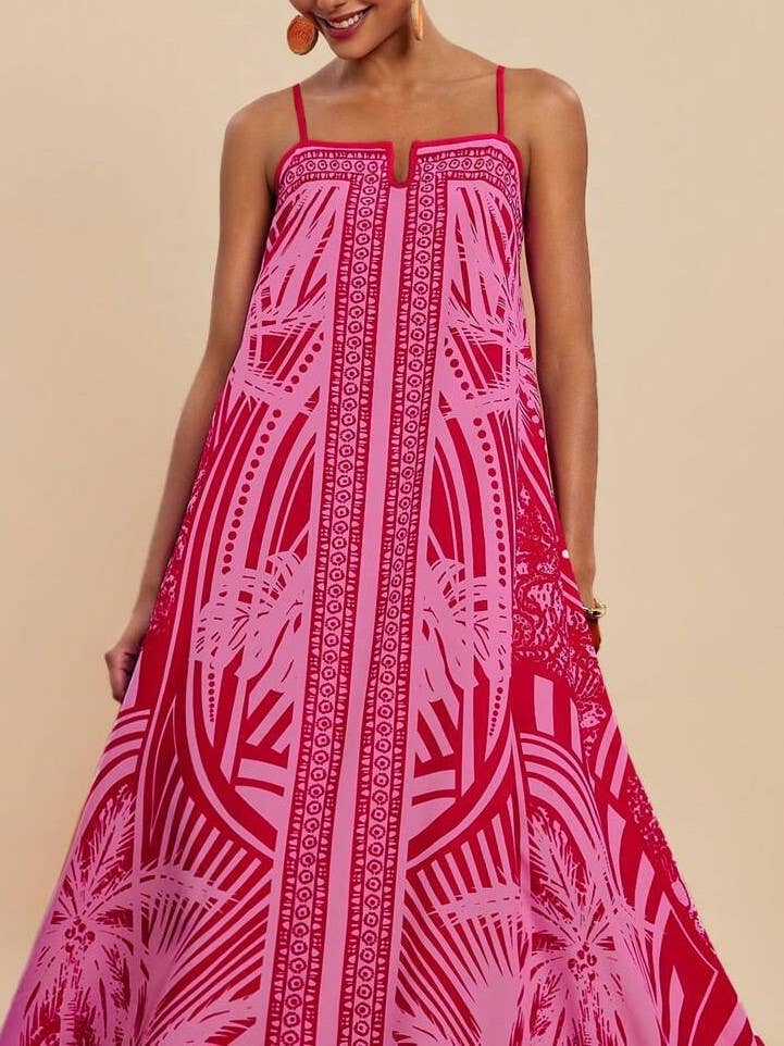 Tropical palm print swing maxi strappy dress in fuchsia for wholesale on Faire2