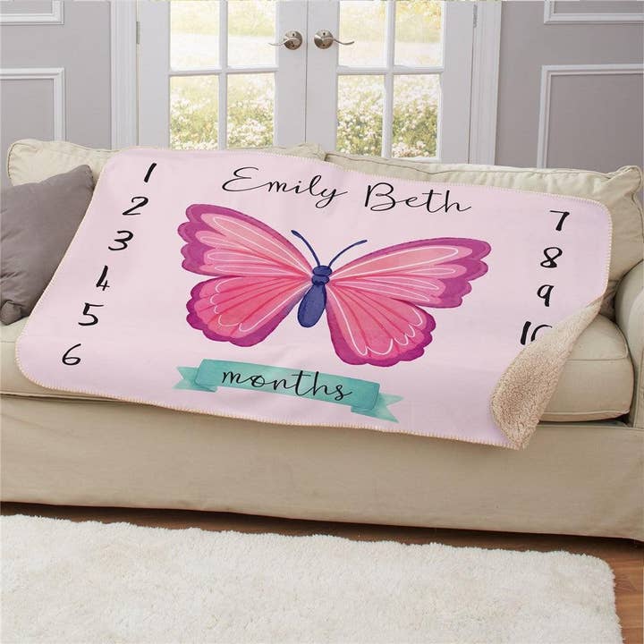 Personalized Butterfly Baby Monthly Milestone 50x60 Sherpa Blanket for wholesale by Sunny Jar Personalized