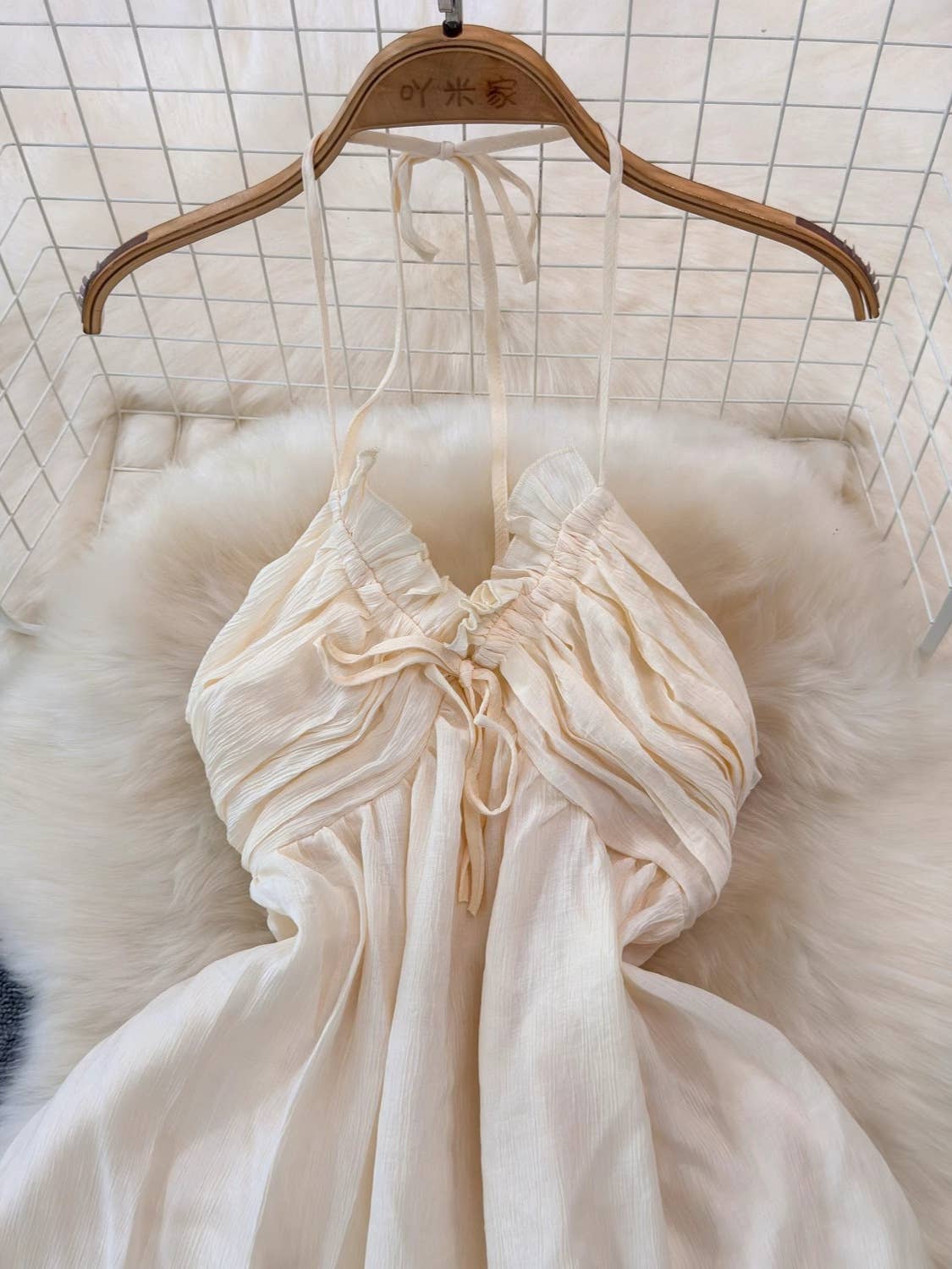 beige BOHO Beach Resort ruffle halter large swing flare maxi dress for wholesale on Faire7