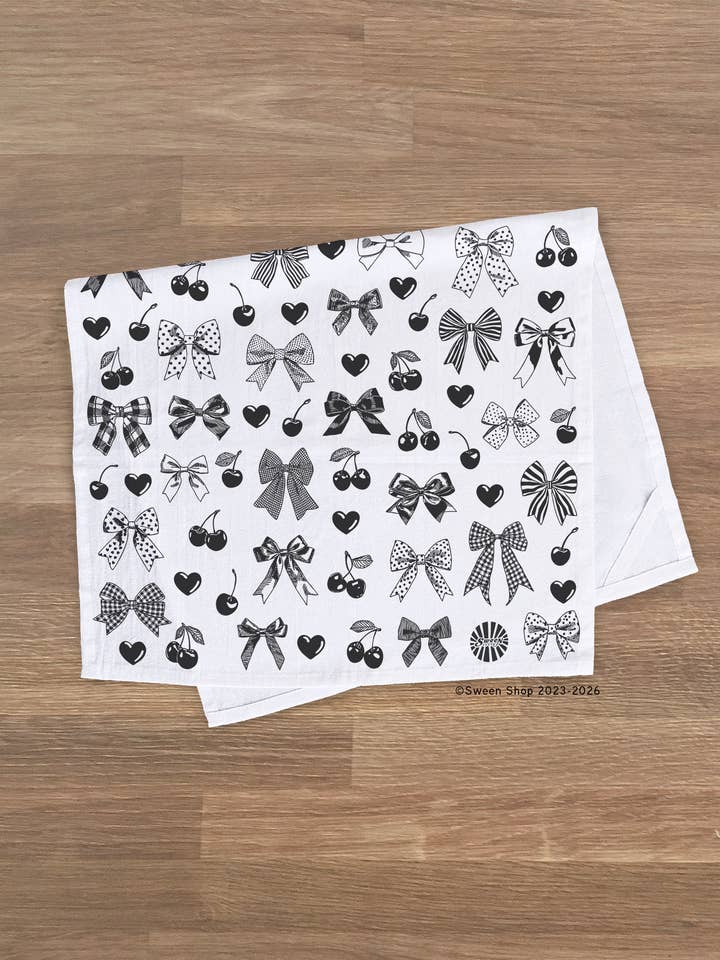 Bows Hearts Cherries Tea Towel - 100% Premium Cotton Kitchen Dish Cloth for wholesale by Sween Shop