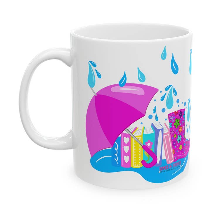 Mug en céramique coloré avec bottes de pluie dessinées à la main, tasse amusante pour boissons chaudes, décoration de cuisine mignonne, essentiels du printemps, 11oz pour la vente par Tomes and Troves, LLC