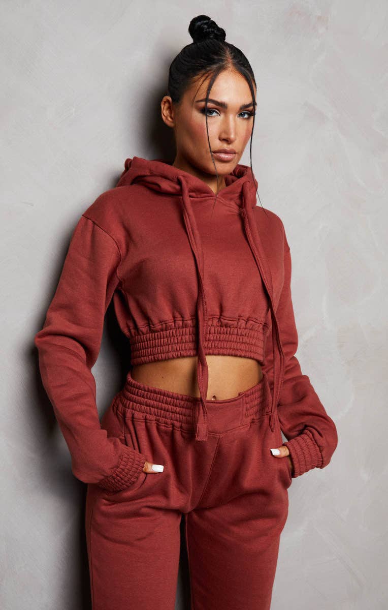 Femme Luxe – wholesale Lounge set – Women's – Rust Long Sleeve Crop Hoodie High Waisted Joggers Shirred Detail Fleece Loungewear Set - Costella1