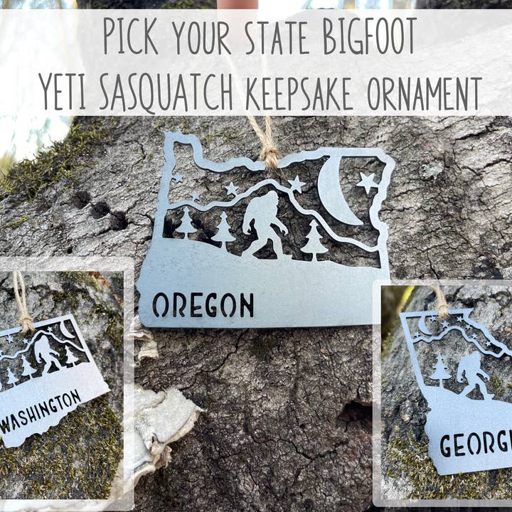 State Yeti Bigfoot Sasquatch Steel Ornament Customize Text for wholesale by BE Creations & Designs, Inc.