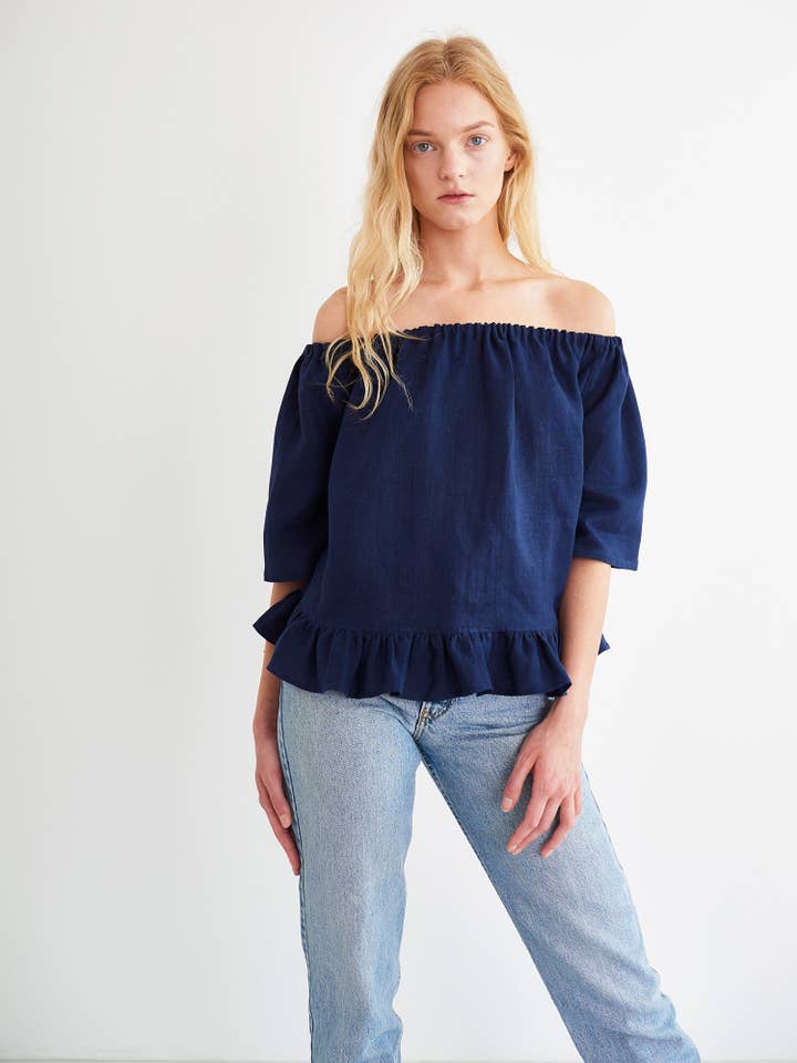 Celine Off Shoulder Linen Top for wholesale by Love and Confuse