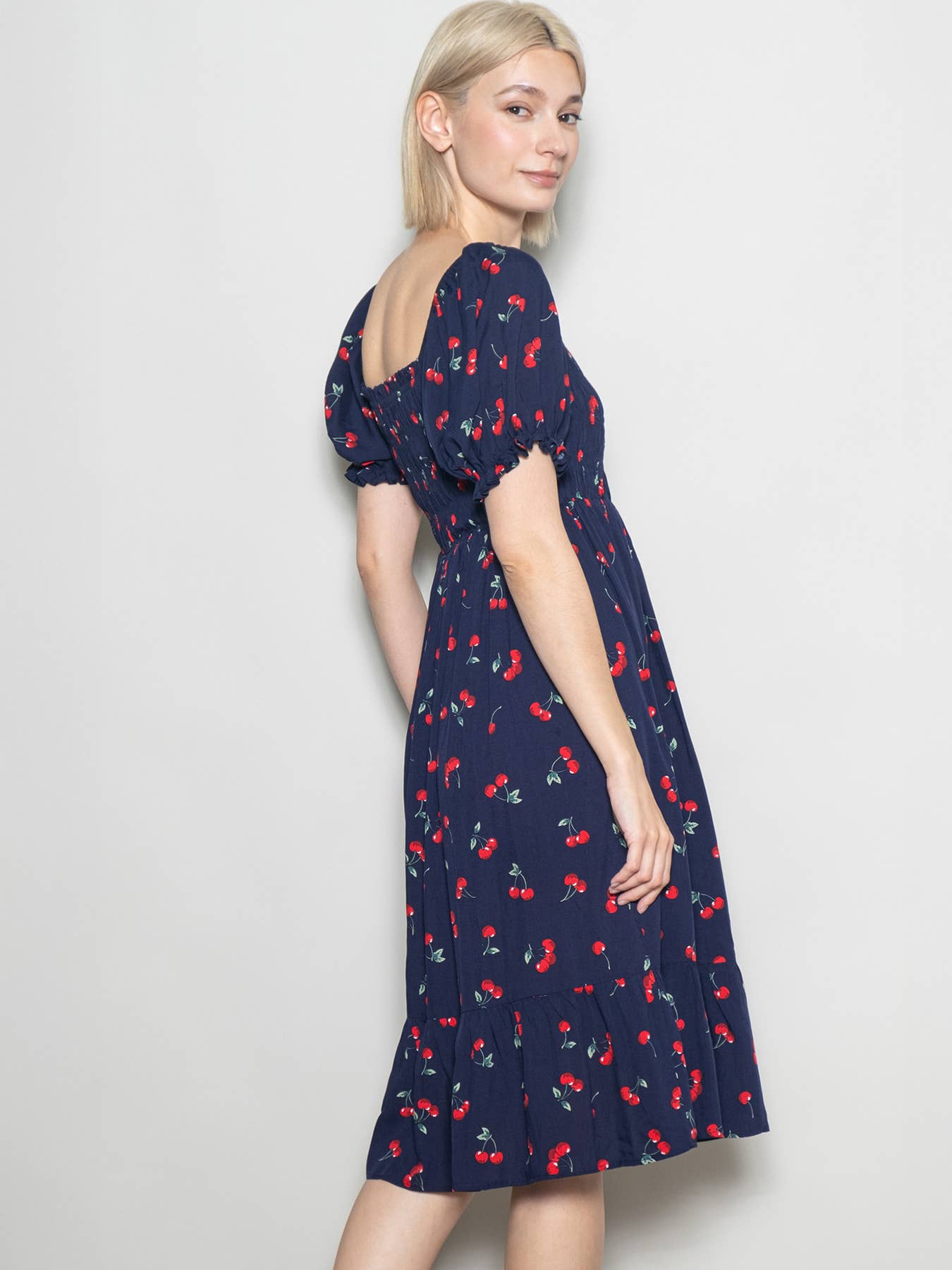 Elloh Collection - Wholesale Dress - Women's - Puff Sleeve Square Neck Cherry Print Dress with Pockets16