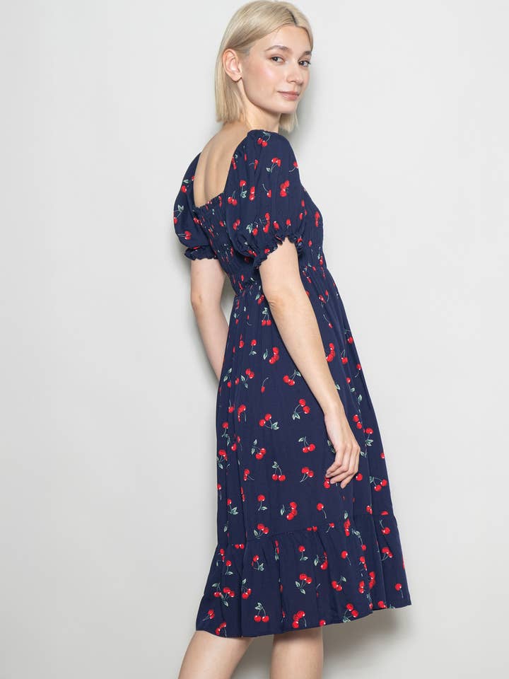 Elloh Collection - Wholesale Dress - Women's - Puff Sleeve Square Neck Cherry Print Dress with Pockets16