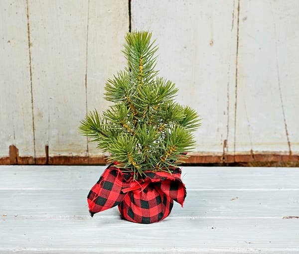 Impressive Enterprises, Inc. - Wholesale Artificial Christmas Tree - ISB79375- 10in Mini Pine Tree in Bufflo Gingham Wrap-
