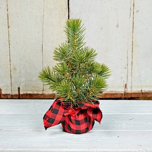 Impressive Enterprises, Inc. - Wholesale Artificial Christmas Tree - ISB79375- 10in Mini Pine Tree in Bufflo Gingham Wrap-0