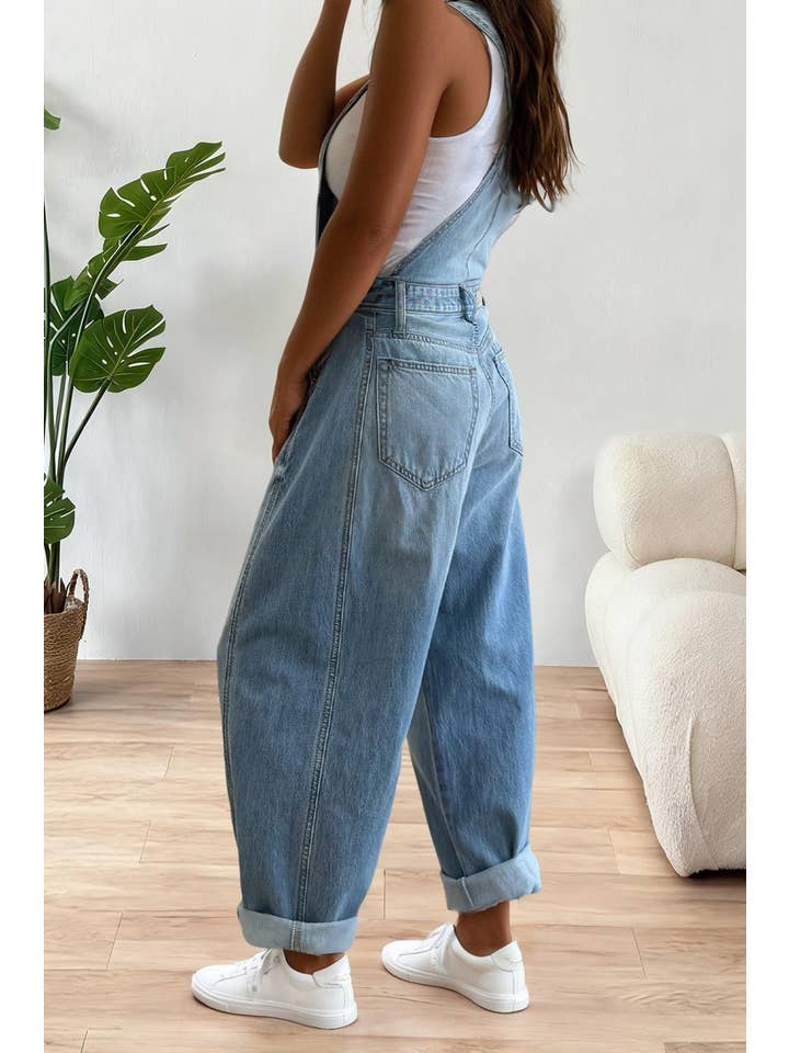 Blue Adjustable Buckle Barrel Denim Overalls for wholesale on Faire3
