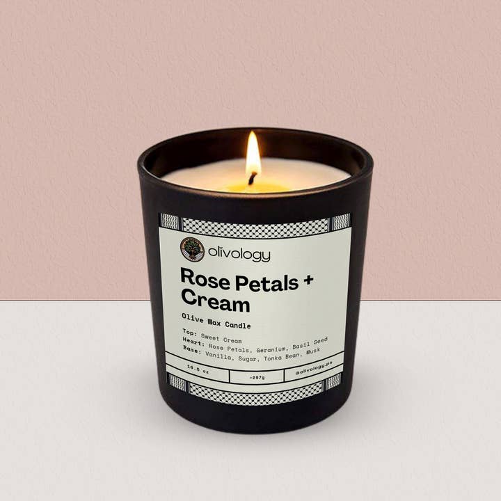 Olivology – wholesale Burkljus – Rosblad + Grädde — Handgjord Olivvaxljus (300g)3