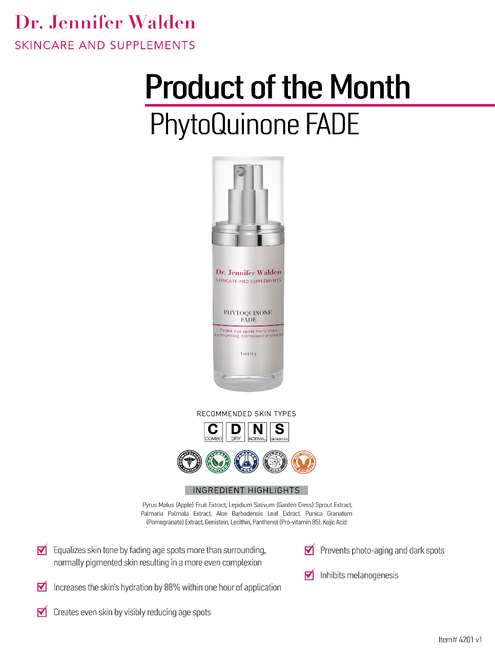 Dr. Jennifer Walden Skincare & Supplements - Wholesale Facial Serum/Concentrate - PHYTOQUINONE FADE PIGMENT CONTROL1