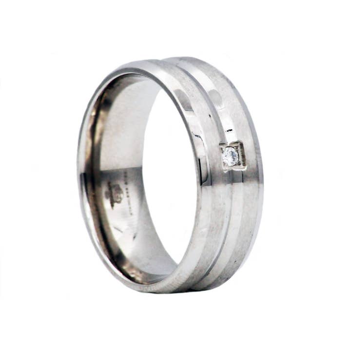 Men's Stainless Steel Etched Cubic Zirconia Band Ring for wholesale by Blackjack Mens Jewelry
