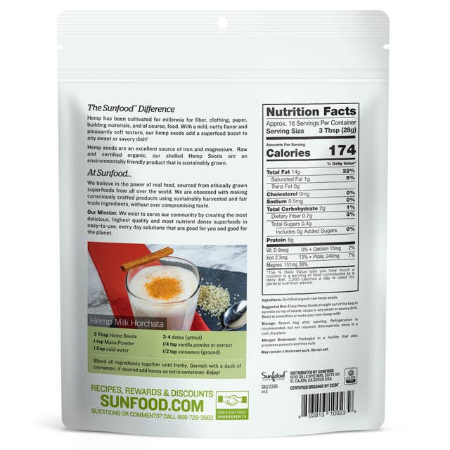 Sunfood Superfoods - Wholesale Protein/Superfood Powder - Hemp Seeds, Shelled, 1lb, Organic, Raw