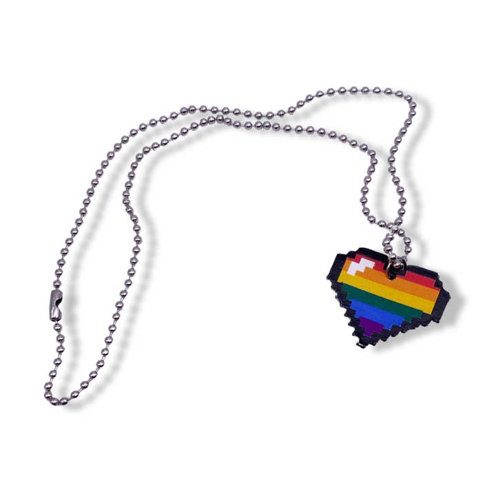 LGBTQ+ Rainbow Pride Pixel Heart Faux Leather Necklace for wholesale by Geekish Gifts
