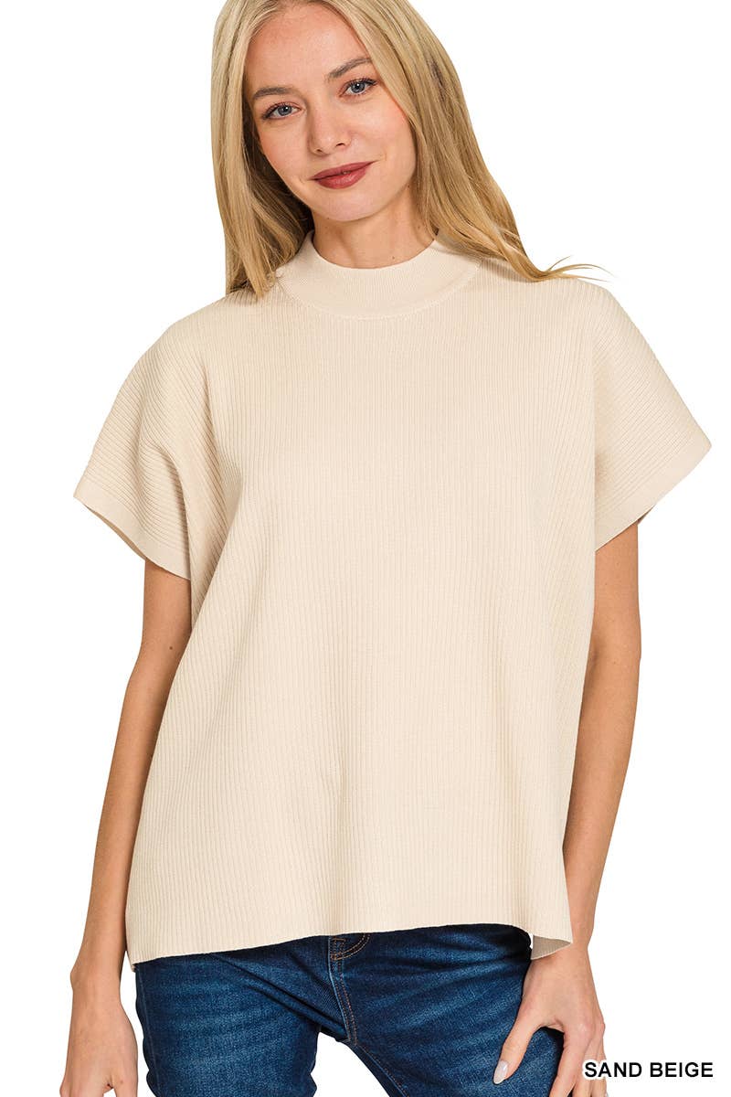 Vanilla Monkey - Wholesale Knit Sweater - Women's - Viscose Mock Neck Short Sleeve Boxy Sweater8