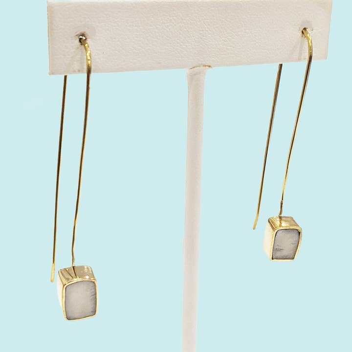 Swahili Coast - Wholesale Dangle Earrings - Rectangle Threader in White - Recycled Brass0