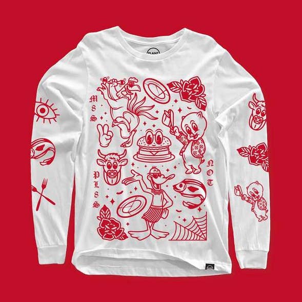 M8s Not Pl8s Long Sleeve - White and Red for wholesale by Plant Faced Clothing