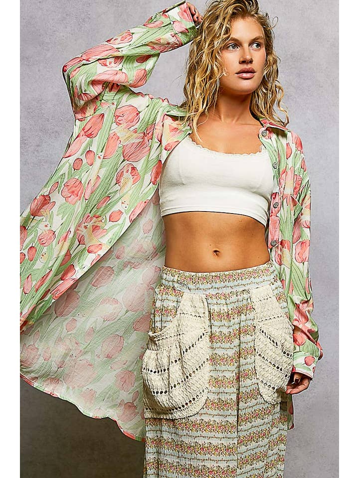 Pol Clothing - Vente Chemise à col boutonné – femme - Chemise ample à manches longues imprimée florale bohème