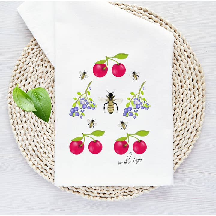 Cherries, Blueberries & Bees Tea Towel, Cute Kitchen Decor for wholesale by Bebe Blu Designs, LLC