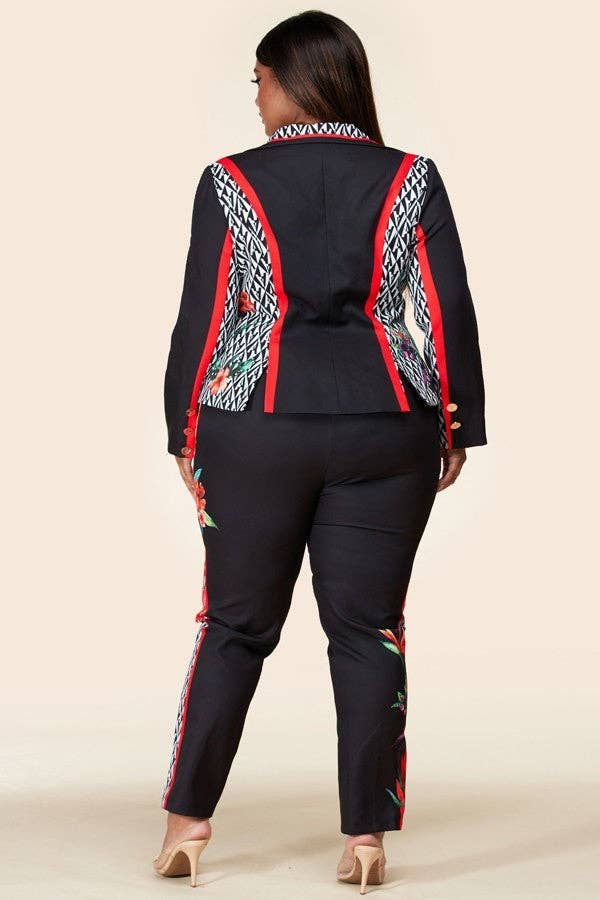 Plus-Size Black Flower Blazer Pant Suit Set for wholesale on Faire2