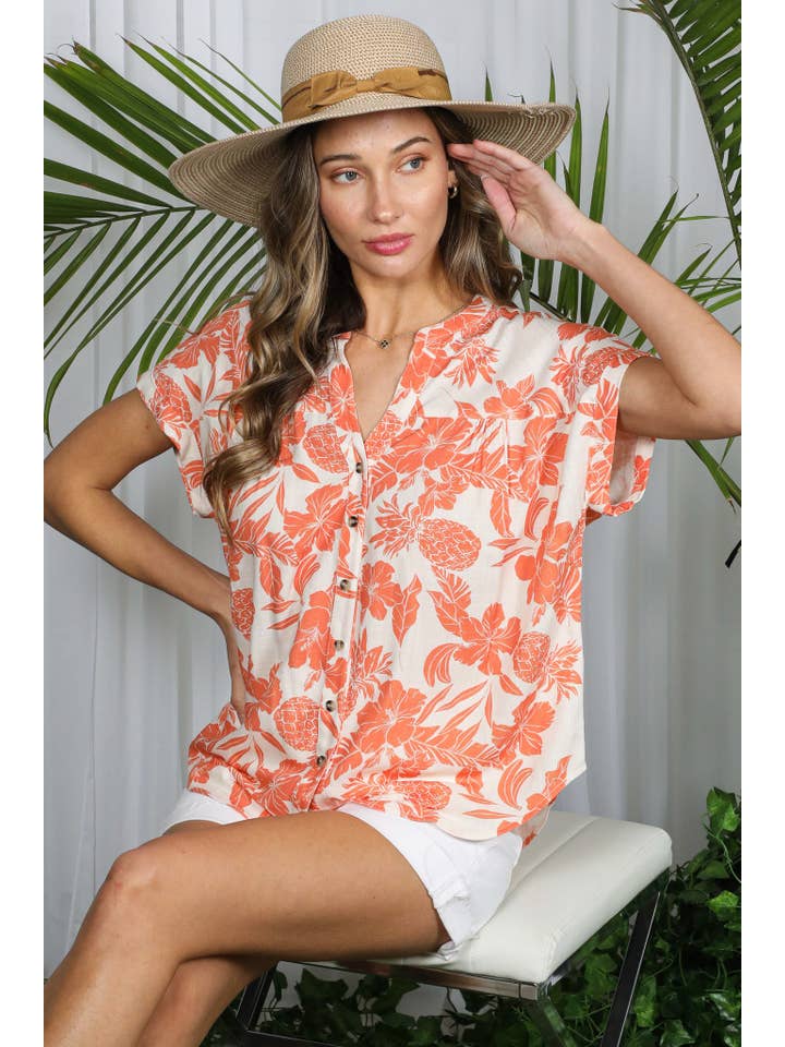 Vine & Love - Wholesale Button Down Shirt - Women's - Floral Pineapple Henley Neck Roll-Up Shirt Top VT82331A10